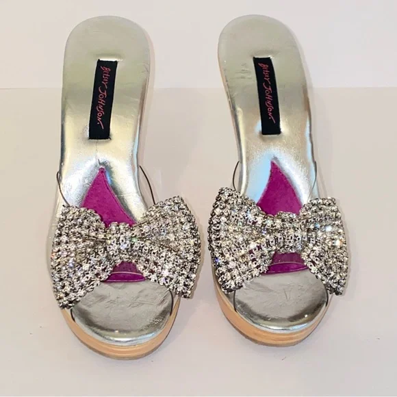 Vintage Betsey Johnson Polly Mules Rhinestone Bow Wood Heel Pin Up - Picture 3 of 14